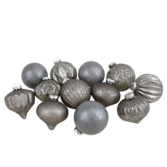 12ct. 3" Neutral Tone Finial & Glass Ball Christmas Ornaments